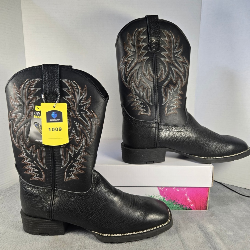 Sureway 1009-2 Mens Black Leather Western Cowboy Boots Square Toe Size 9.5